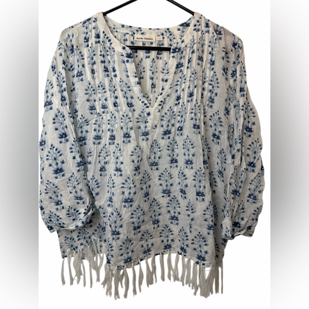 Roller Rabbit White And Blue Patterned Fringe Bot… - image 1